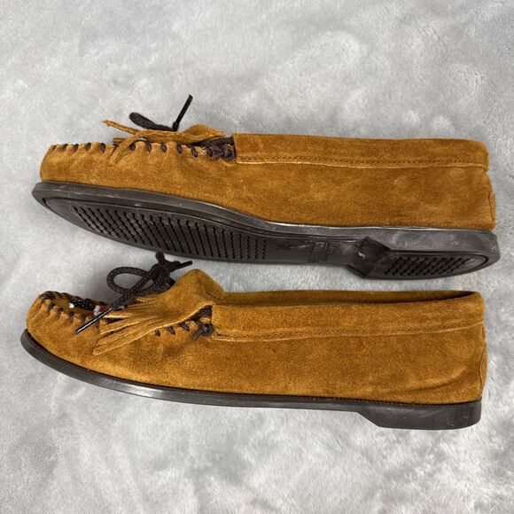 Minnetonka Thunderbird Moc Suede Moccasins Sz 9 Beaded Brown Slip On Slipper - Picture 8 of 11